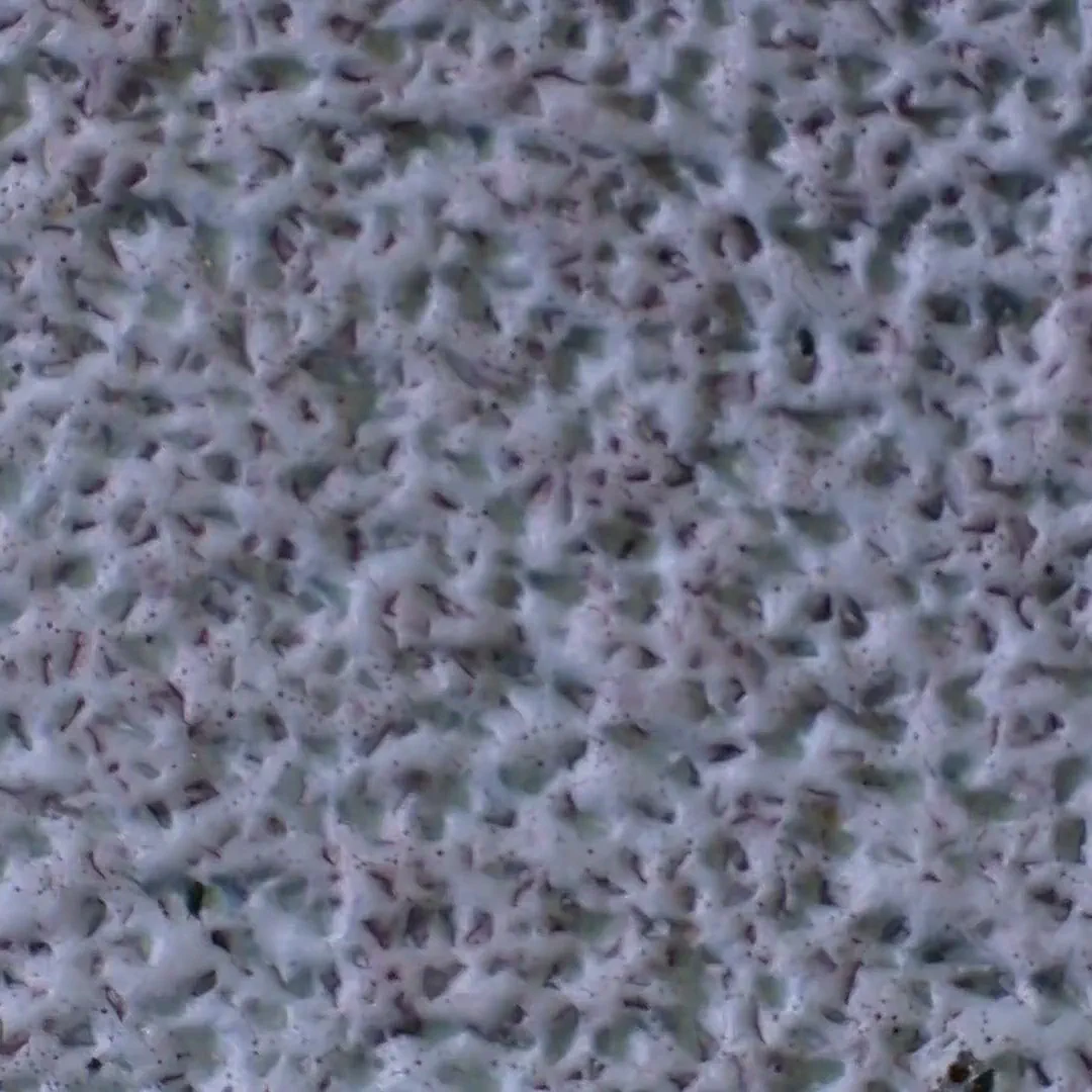 Magnified view of 80 grit ceramic sandpaper, showing blue piece of ceramic with a blue film over them